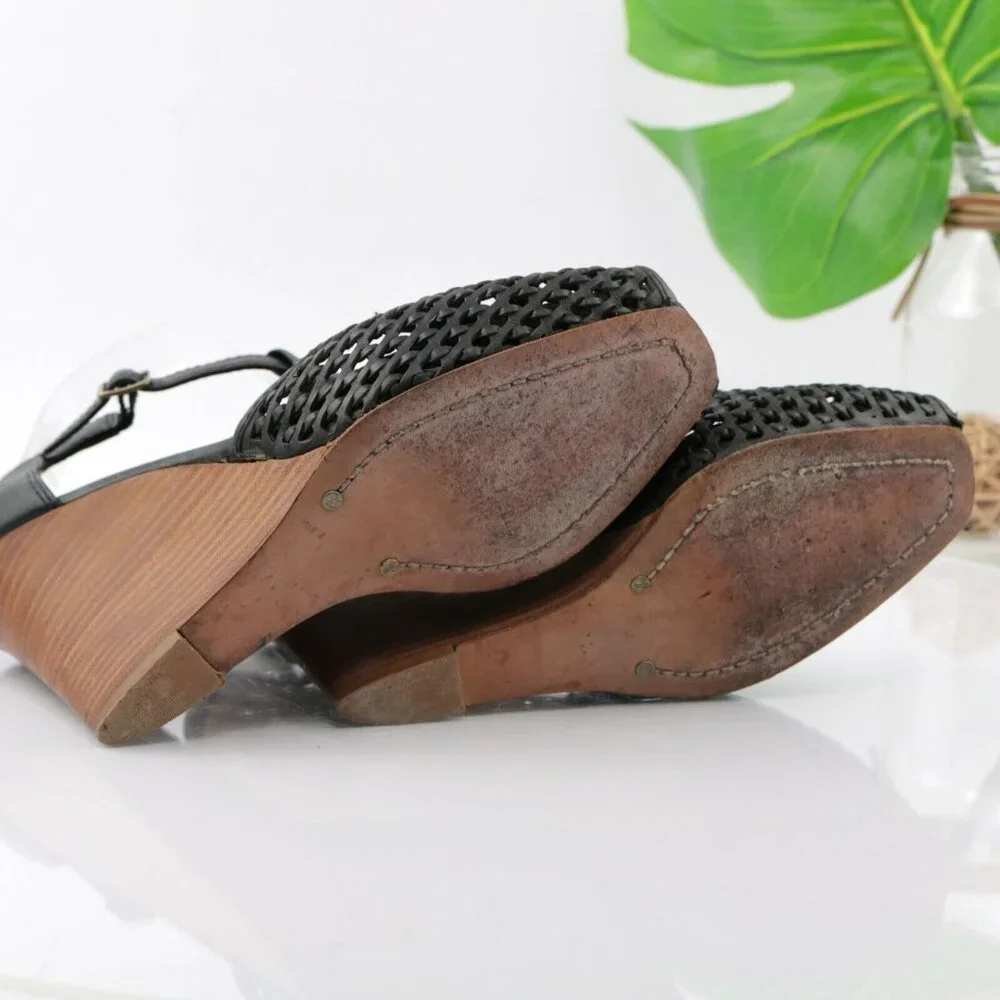 Frye Womens Gwen Sandal Size 9.5 Black Leather Woven T-Strap Wedge Heel Peep Toe - Picture 9 of 12
